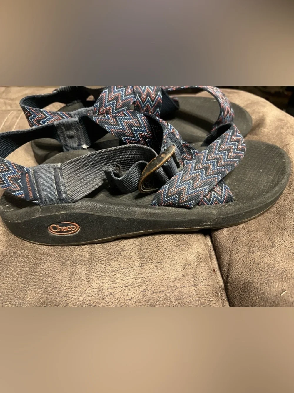 Chaco Men’s Gray Sandals with Blue/Red Zigzag Straps